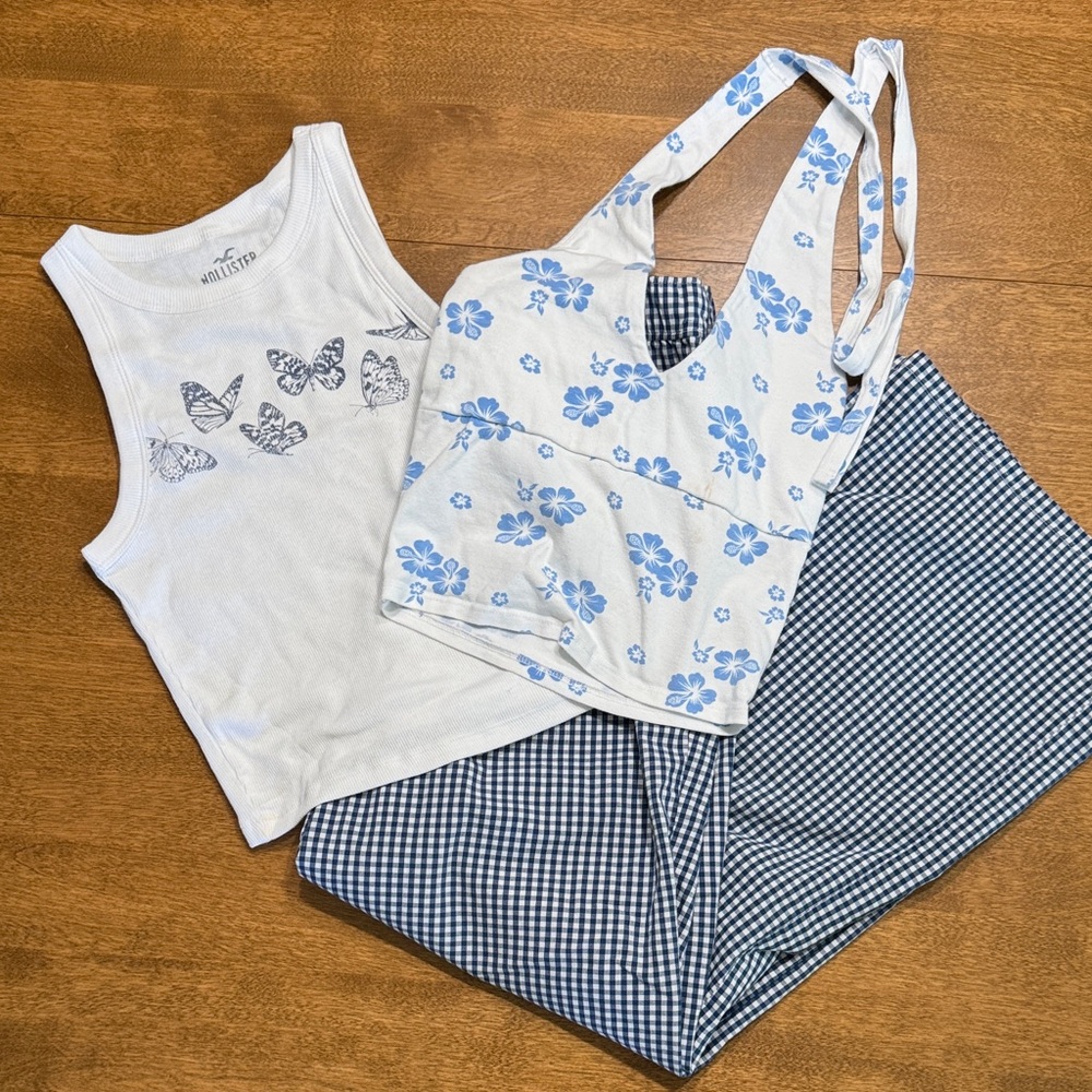 White and Blue Floral Crop Top with Gingham Pants